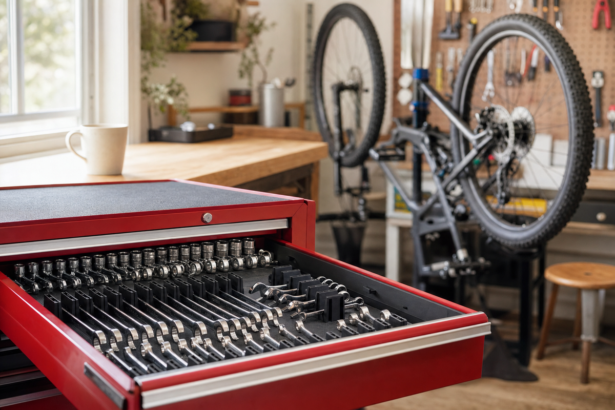 A red metal tool drawer with an open drawer showing a set of wrenches, placed in a bicycle workshop with a bike.