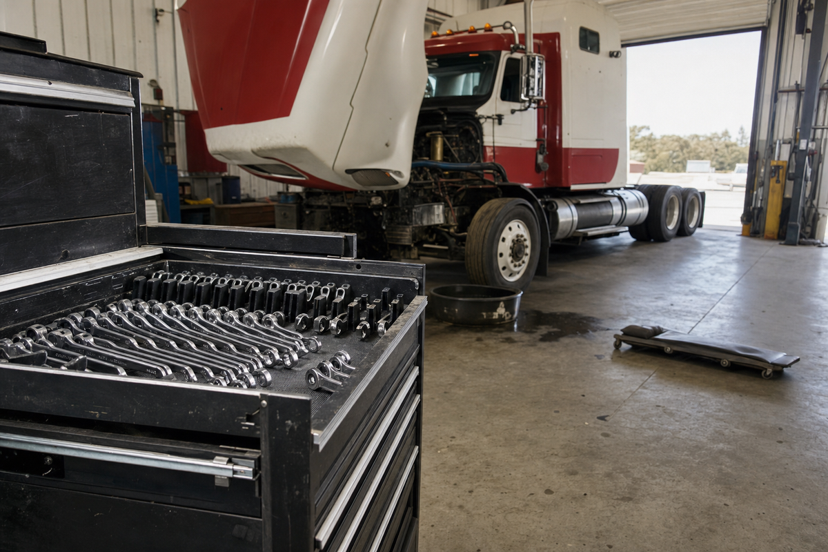 Truck is raised on a lift inside a garage, with arranged tools in a tool box