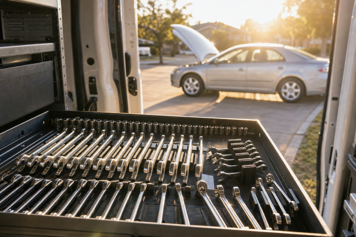 A black tool tray filled with assorted metal wrenches and sockets organized in Toolbox Widget Wrench Organizers, photographed inside an open vehicle trunk with a silver car and trees visible in the background at sunset.